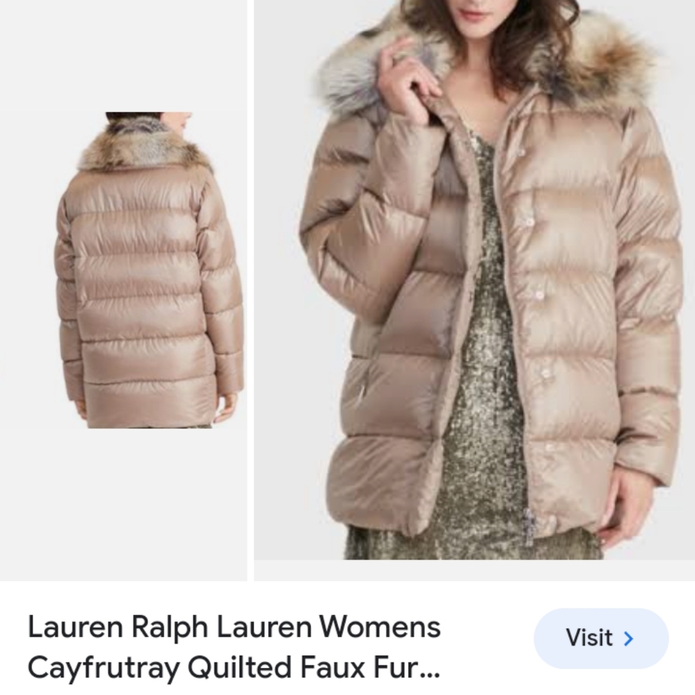 RALPH LAUREN Cayfrutray Truffle DOWN Puffer Jacket Winter Coat Faux Fur